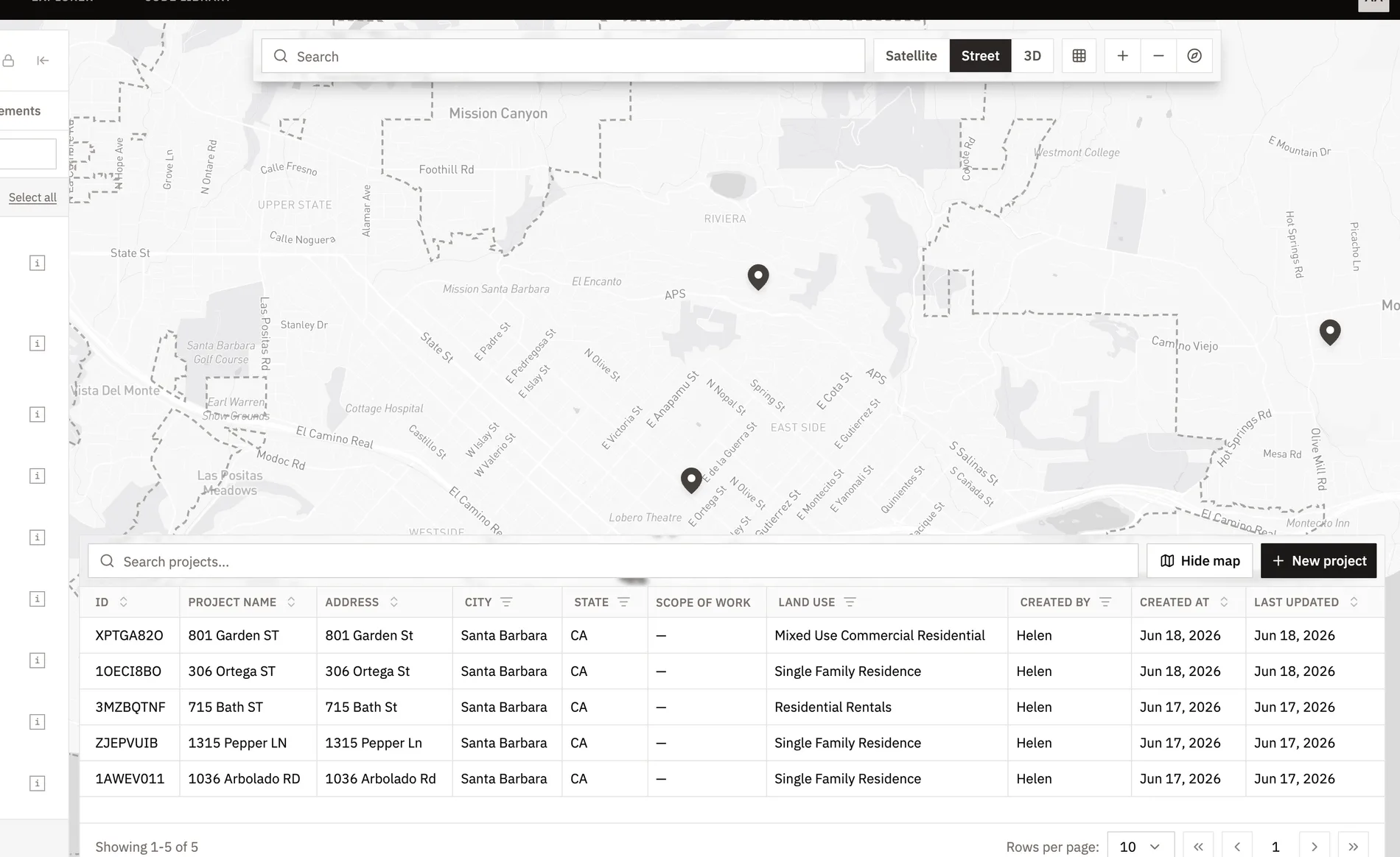 Rescope projects view: a map with parcel pins and a table of projects by address, city, and land use