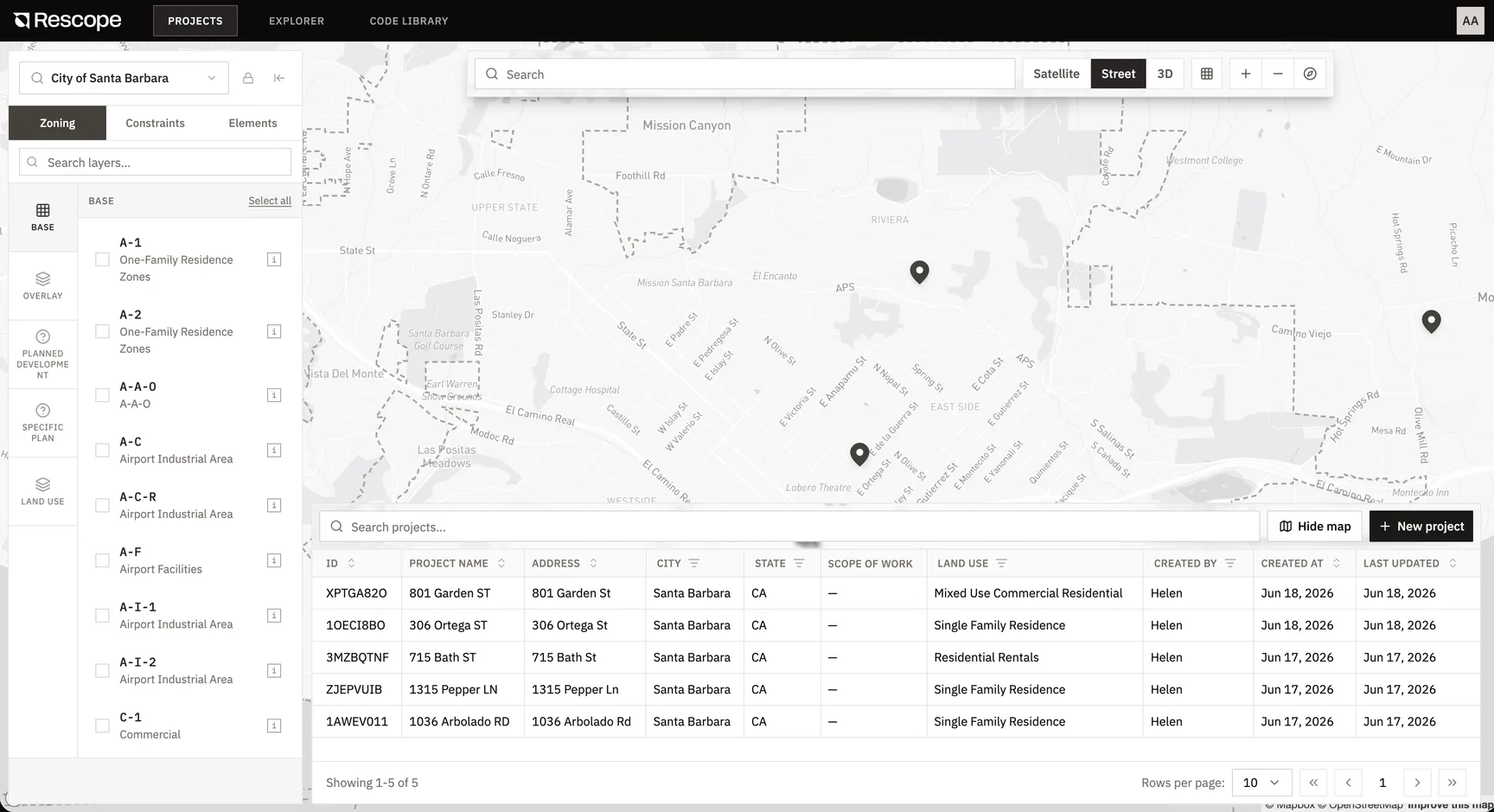 Rescope projects view: a map with parcel pins and a table of projects by address, city, and land use